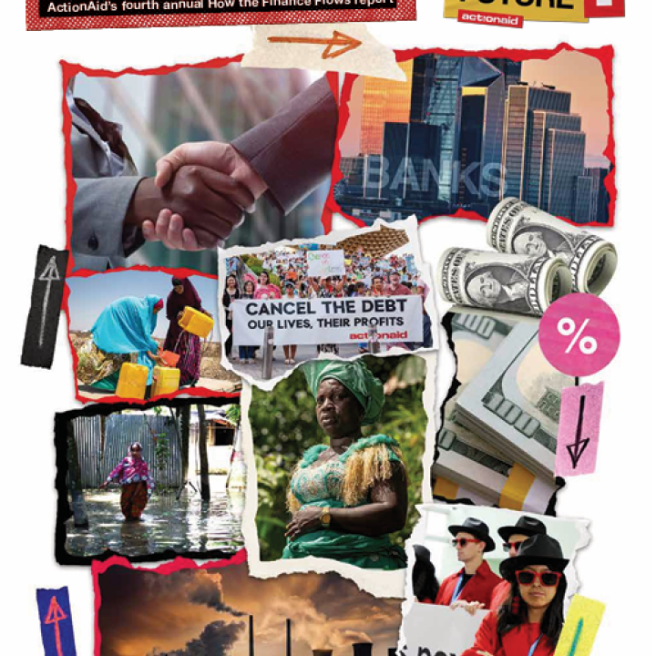 Collage of images of campaigning, fossil fuel and money.